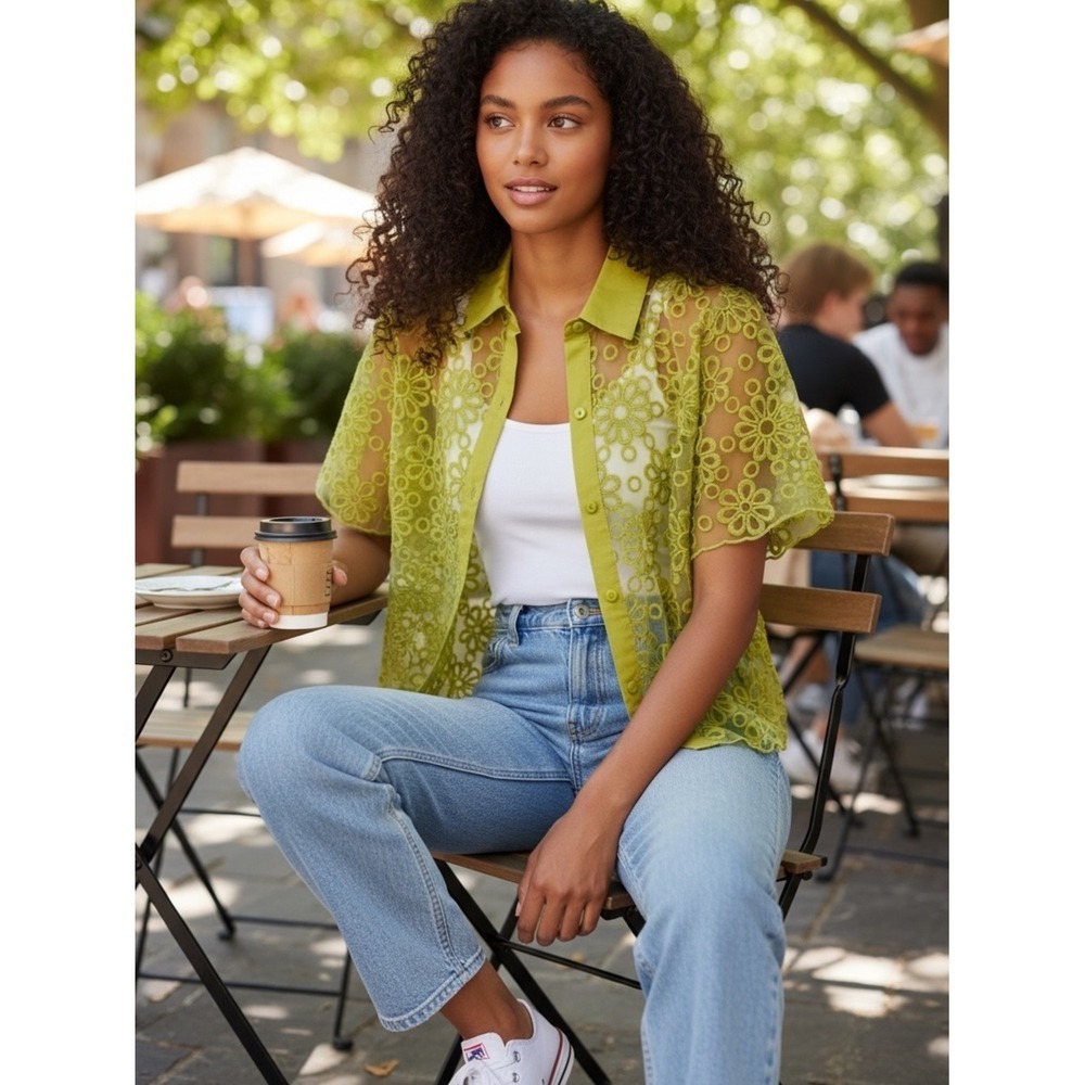 Ryegrass Semi Sheer Embroidered Button Down Top Women's Size S Green